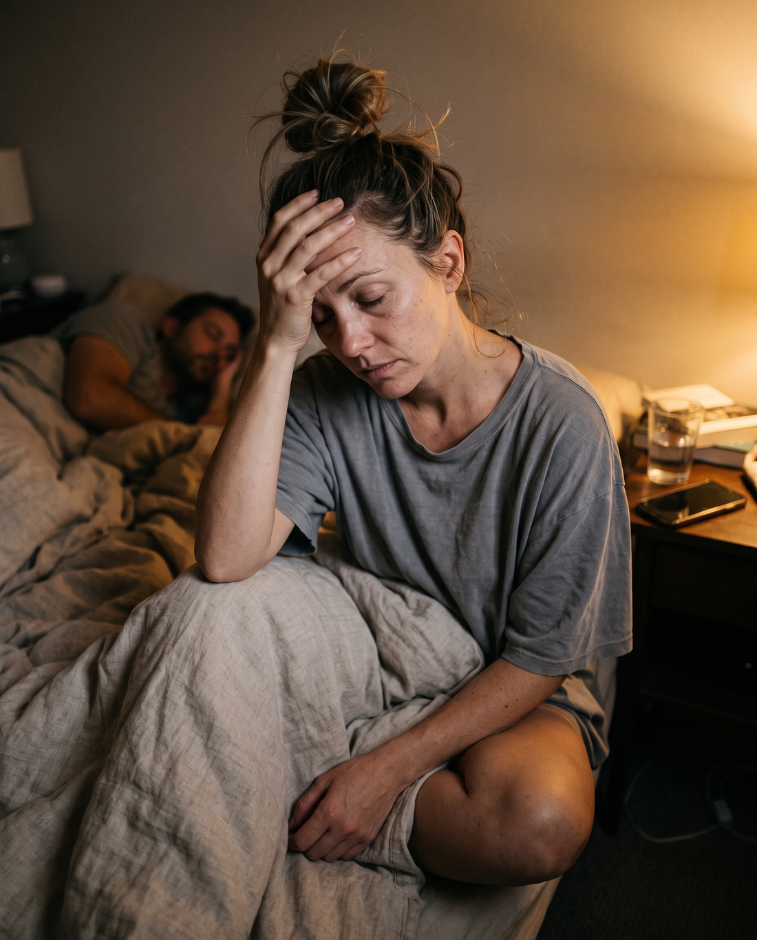 Exhausted woman sitting up in bed at 2am
