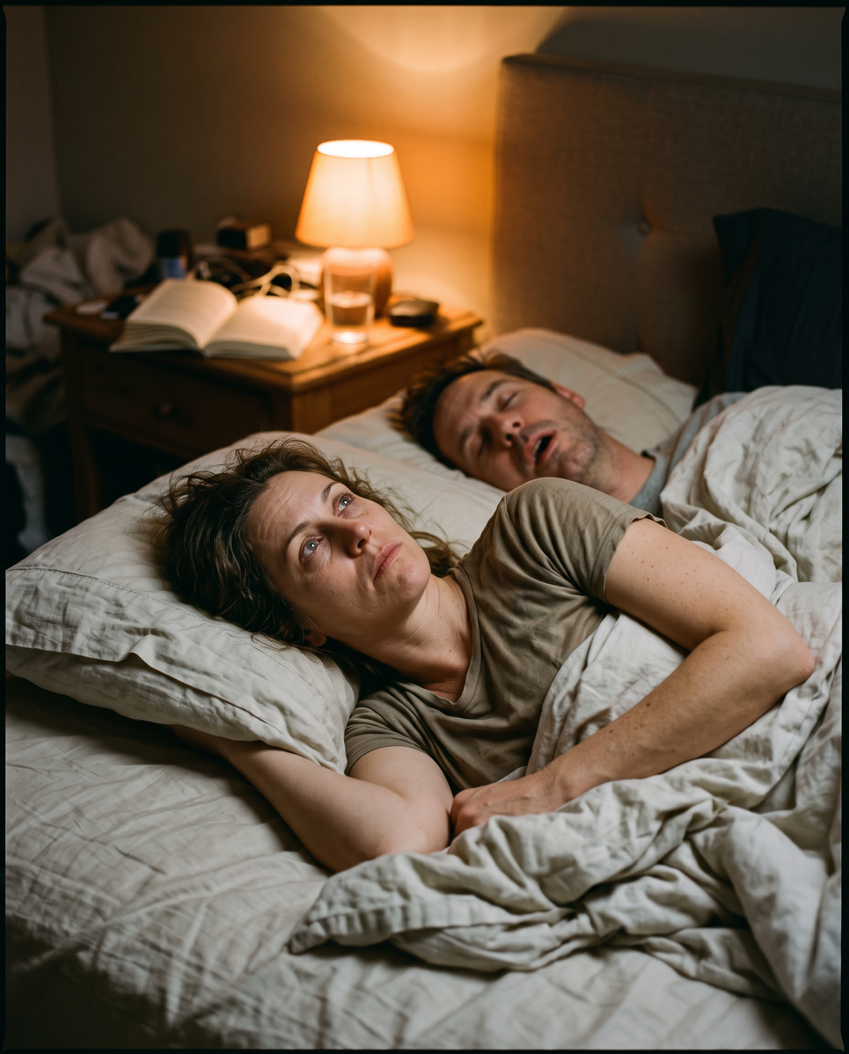 Woman lying awake at night while her partner snores beside her