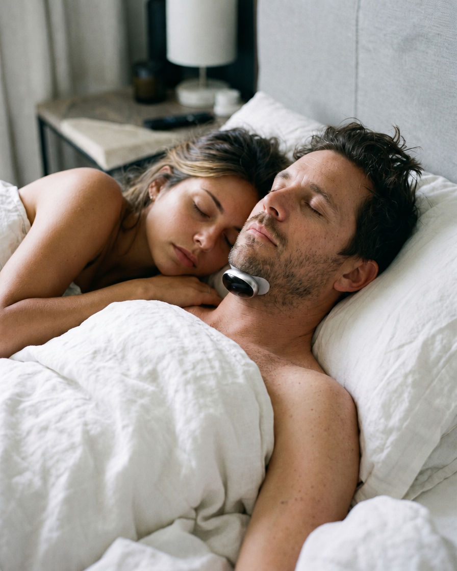 Couple asleep together, he wears Hush under his chin