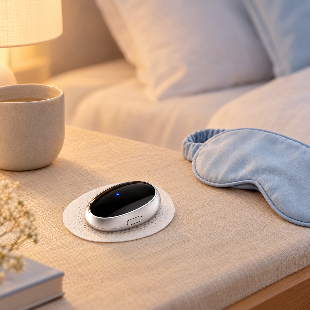 Hush resting on its patch on a bedside table
