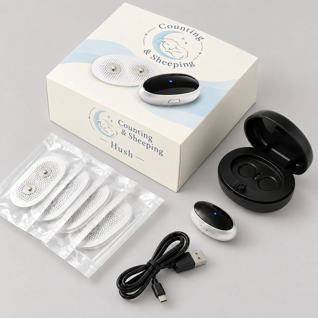 What's in the box: Hush device, charging case, adhesive patches and USB cable